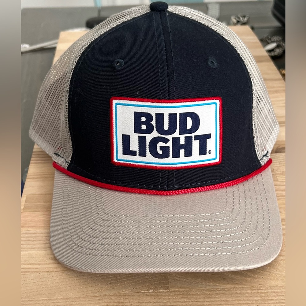 Bud Light Hat NWOT Blue, Silver, Red, White, Adjustable Snap Back